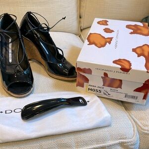 Donald J Pliner “Mana” Black Patent Leather Cork Wedge